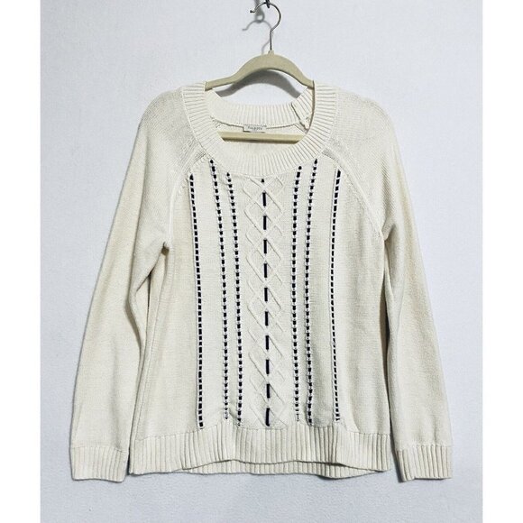 Talbots Womens Medium Ivory Crewneck Pullover Sweater Navy Blue Accents Cotton - Picture 1 of 6
